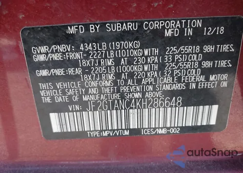 2019 Subaru Crosstrek 2.0I Limited z USA, uszkodzony, nr VIN JF2GTANC4KH286648